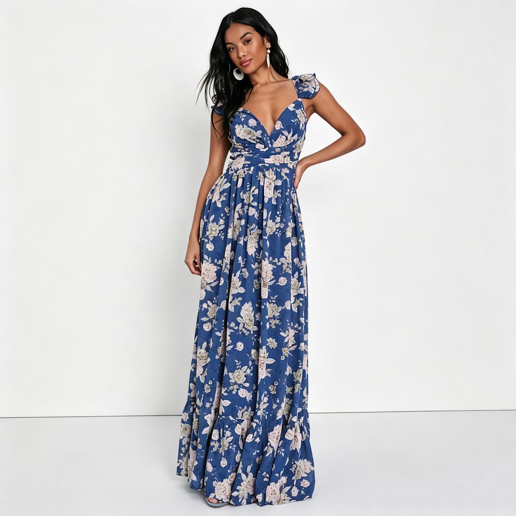 Women's clothing popular ruffle leaf edge chiffon dress backless cross strap waist European and American style long dress women
