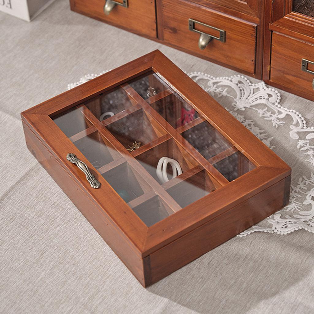 9/12 Grids Organizer Box Jewelry Hairpin Earring Necklace Tea Bag Storage Box With Transparent Lid Vintage Wooden Storage Box