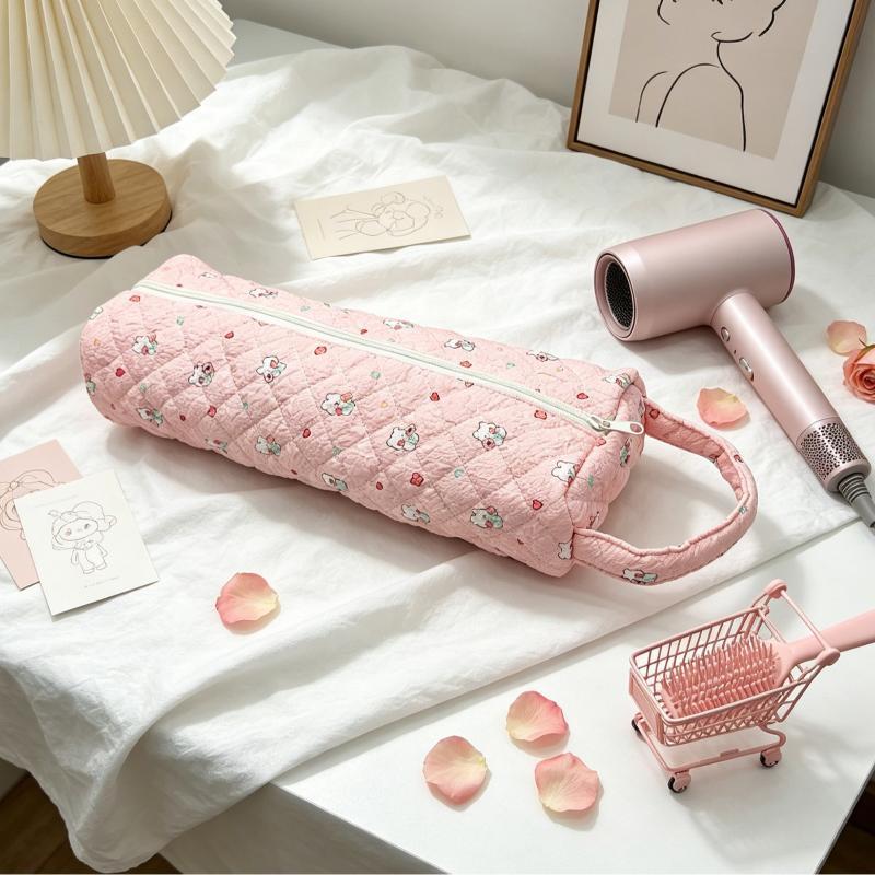 Quilted Hair Dryer Storage Bag With Cute Floral Print Portable Handle Large Capacity Carrying Case For Travel Bathroom Organizer