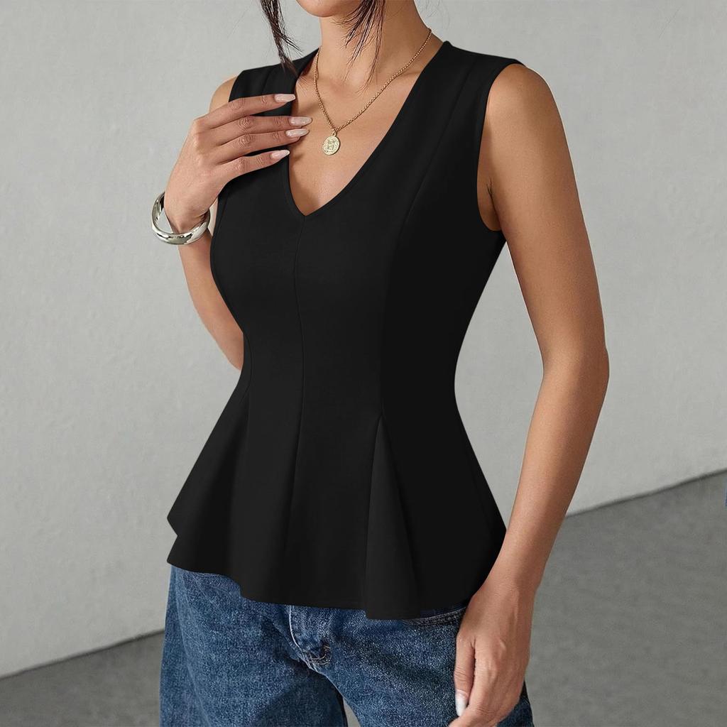 Women's Sleeveless V Neck Ruffle Hem Peplum Top Casual Business Blouse Relaxed Fit Lightweight Office Wear