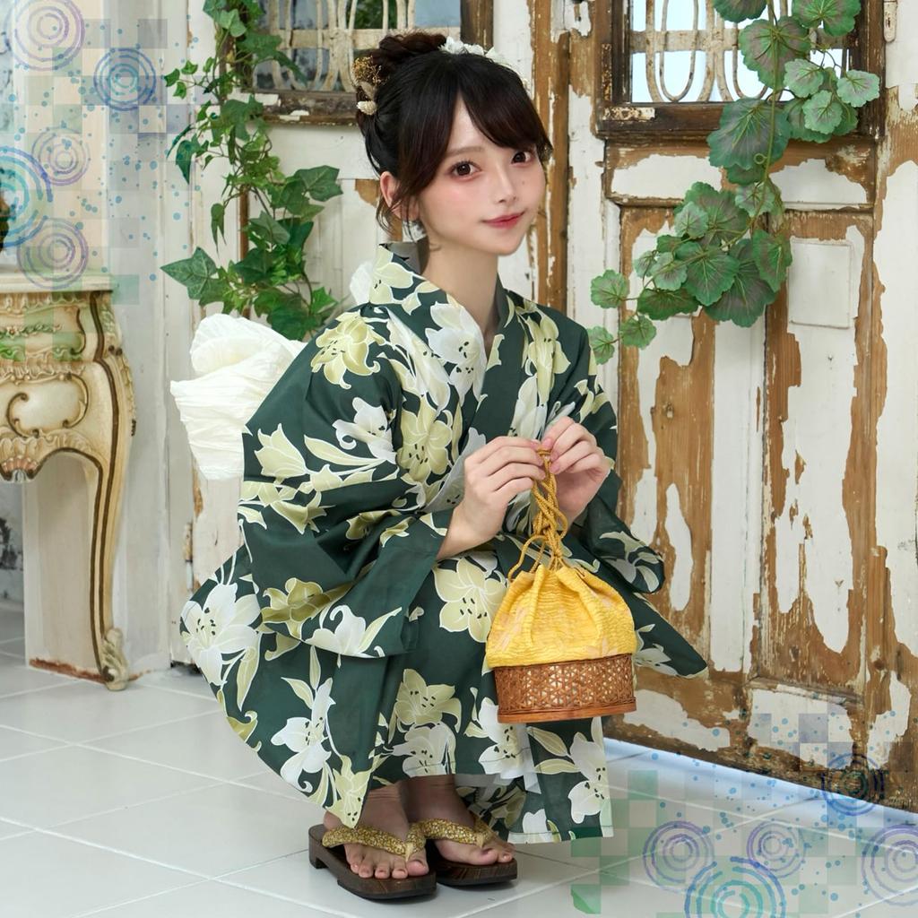 RAVIR Yukata Deep and Elegant Lily Floral Bold Japanese Fluffy Obi and Geta One Size Fits All Women's 3-Piece Set, Design, Style, Belt, Sandals,