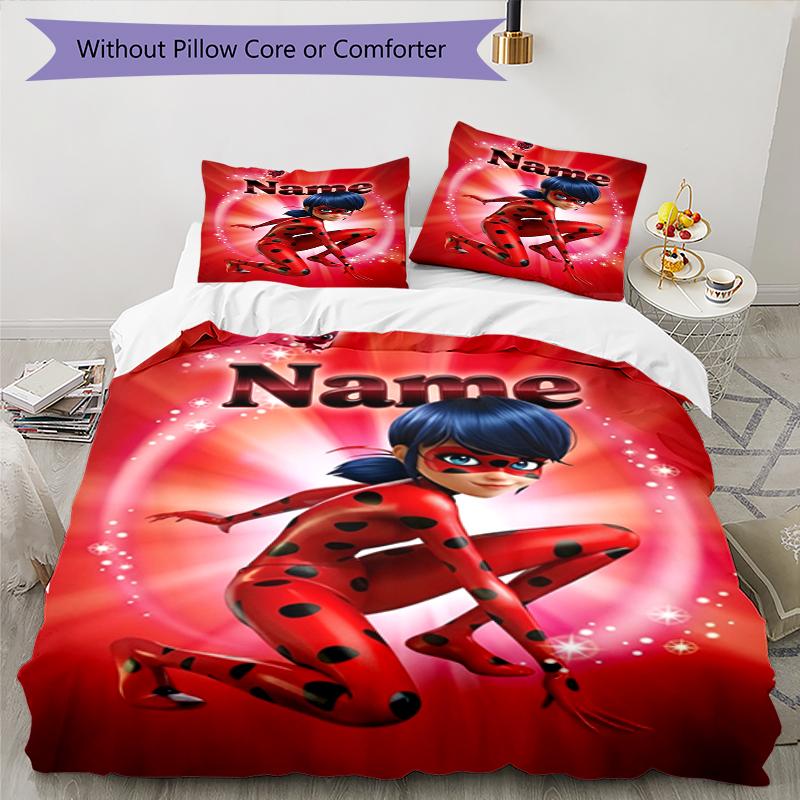 3pcs Custom Name Ladybug Bedding Set Duvet Cover Closure Includes 1 Duvet Cover & 2 Pillowcases, Soft and Comfortable for All Seasons.