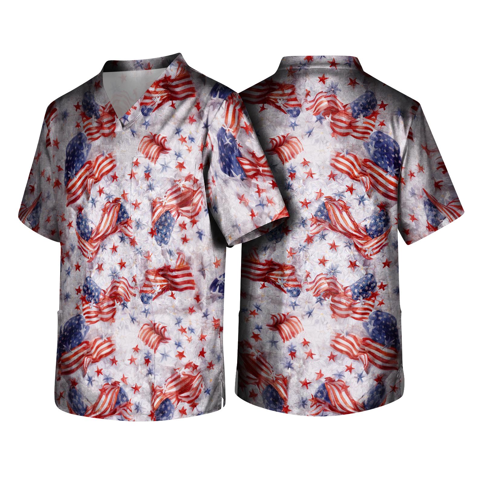 

Short Sleeve V Neck Scrub Top with Tree and Flag Print Lightweight Breathable Uniform Shirt for Work or Casual Wear M красный