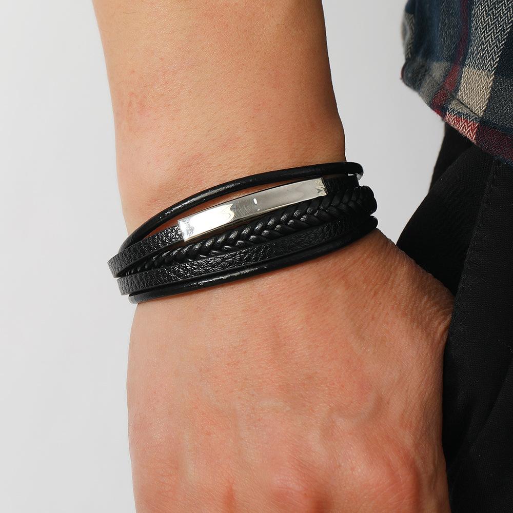 Stainless Steel Braided Leather Bracelet Men'S Titanium Steel Magnet Buckle Leather Rope Leather Bracelet