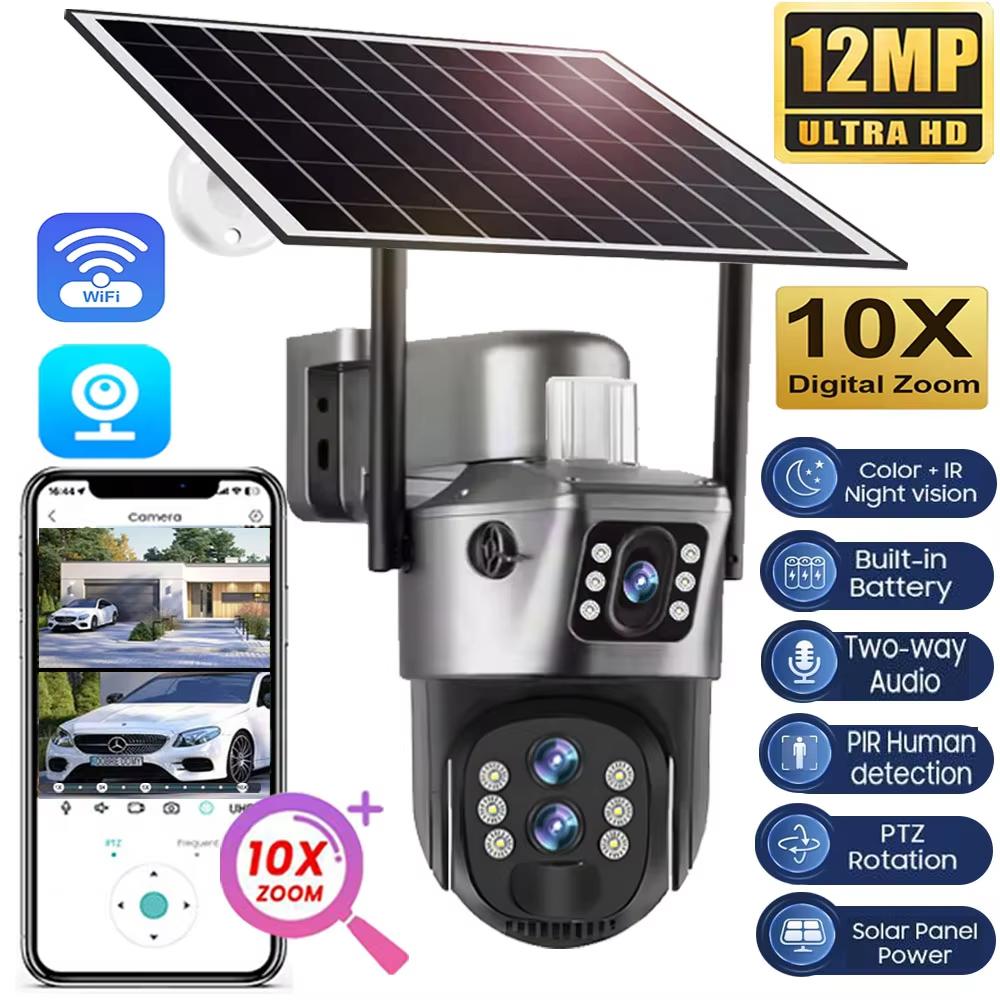Drie Lenzen 10x Zoom Zonnecamera's WiFi Buitenbewaking 6K 12MP Draadloze CCTV IP Camera 360 PTZ Externe Beveiligingscamera V380