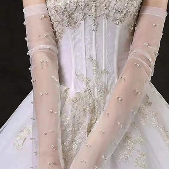 Elegant Long Mesh Pearl Gloves for Bridal Prom Party