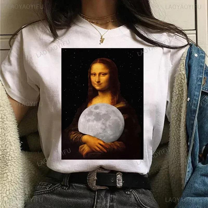 Vintage Humor Mona Lisa Print Women Fashion Top Funny Rose Mona Lisa T-Shirt Classic Camise Breathable Short-sleev