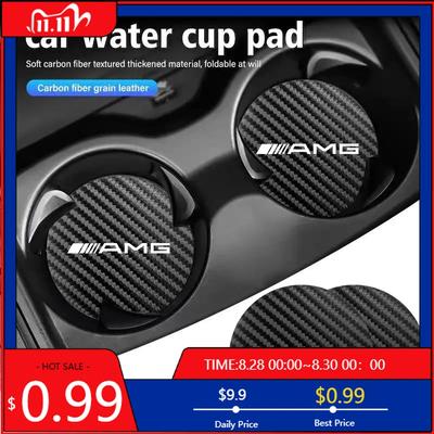 GLC GLB 2Pcs Car Anti-noise Coaster Mat Carbon Leather Water Cup Pad For Mercedes Benz AMG E S C A B Class GLE GLS CLS GLC CLA