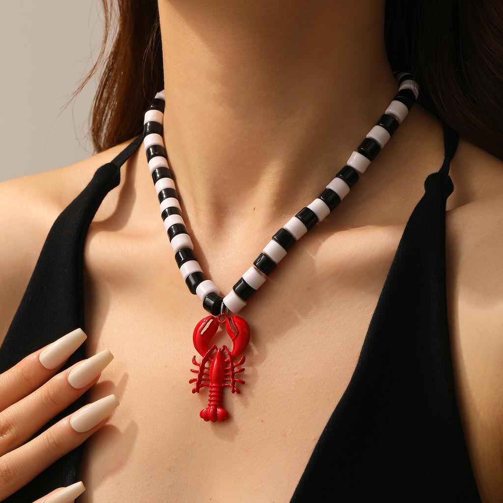 Lobster Animal Pendant Necklace With Drop Oil Finish For Summer Trendy Look Red A