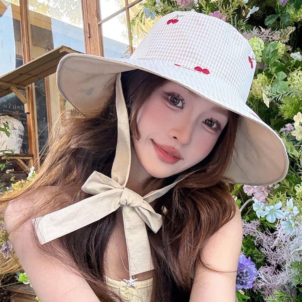 Lace Summer Sun Hat Ribbon Embroidered Cherry Bucket Hat Fashion Sunscreen Visor Cap  Travel