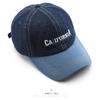 Men's baseball cap with letter embroidery, color-blocked design, and denim accents, suitable for outdoor activities, providing sun protection and