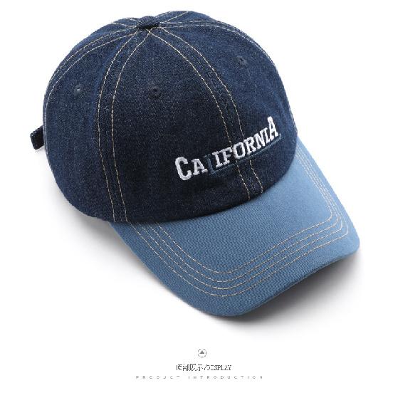 Men's baseball cap with letter embroidery, color-blocked design, and denim accents, suitable for outdoor activities, providing sun protection and