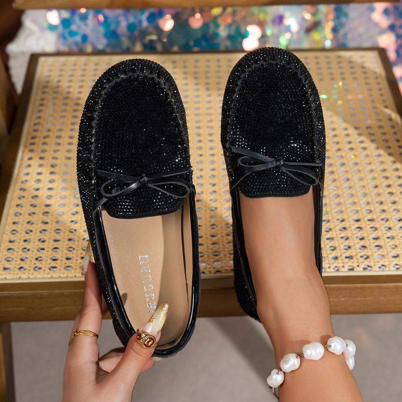 Fashion Spring New Large-sized Single-shoe Women's Leopard Print One-foot Soft Sole Comfortable Bow Full Diamond Loafers