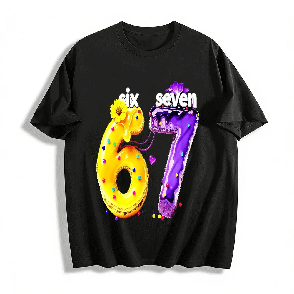 Cute Number 67 Cake Print Casual Short Sleeve Top For Kids Adults Pure cotton T-shirt XXS