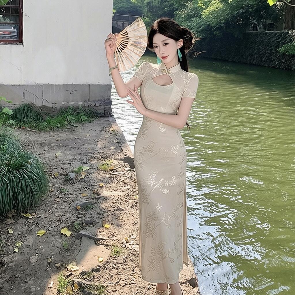 New Chinese-style improved cheongsam dress femininity slim and thin sexy split waist long evening dress skirt