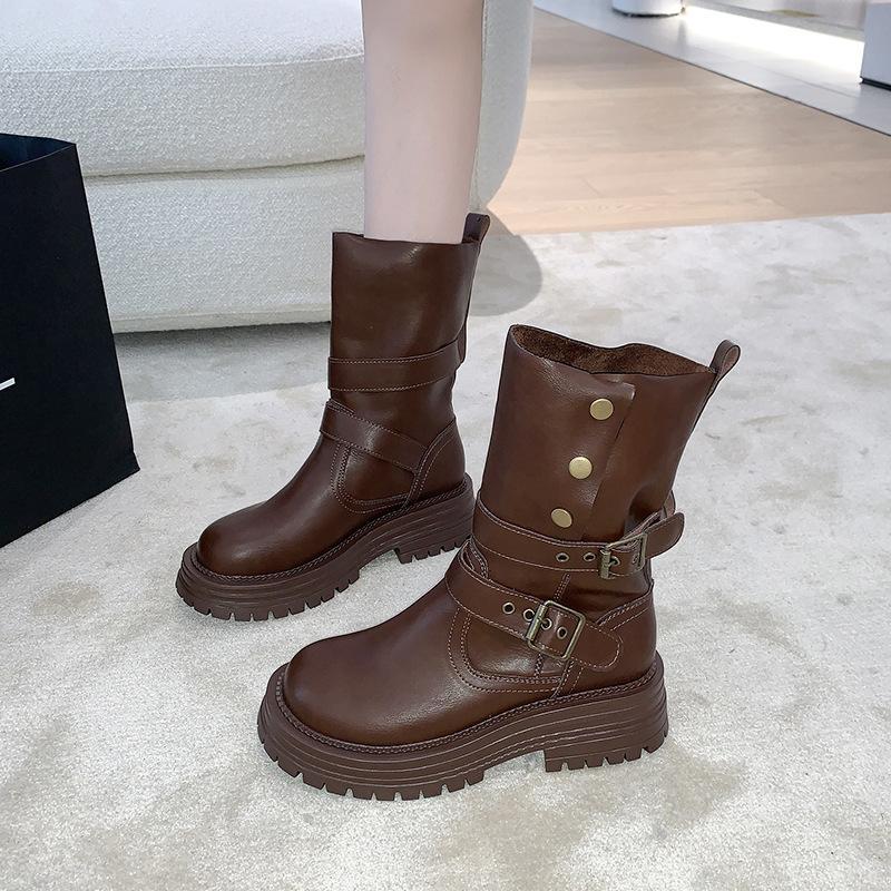 Thick-soled Maillard Mid-tube Short Boots Women's 2025 New British Style Belt Buckle Martin Boots Fashion Boots Black Brown