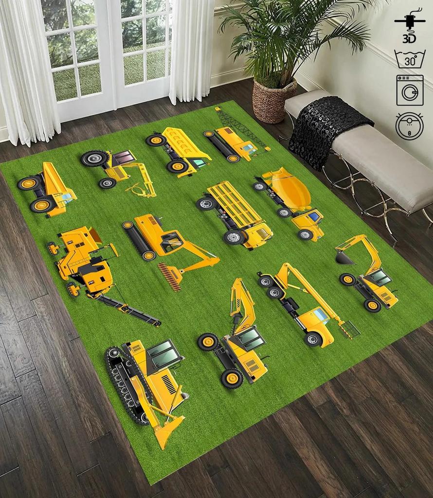 Construction Truck Area Rug – Kids Vehicle Themed Carpet – Non-Slip Floor Mat for Kids Bedroom,Playroom & Construction Fan Decor