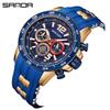 SANDA Men's Trendy Cool Waterproof Quartz Watch with Silicone Strap, Three Subdials, Six Hands, and Calendar Feature