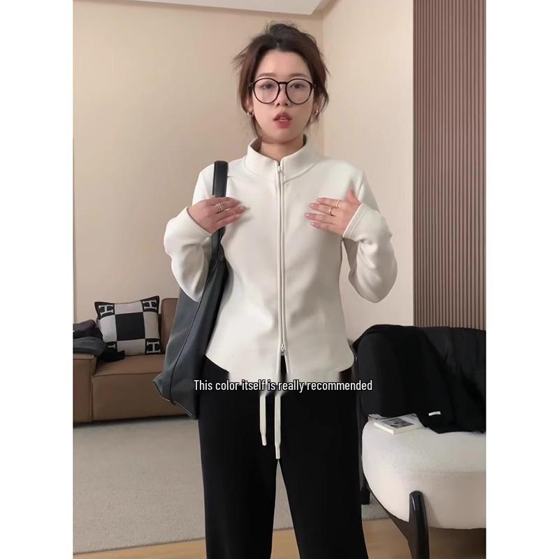 Women's Velvet Stand-Up Collar Double-Zipper Cardigan - Thickened Long-Sleeve Sweatshirt Jacket for 2025 Autumn/Winter.