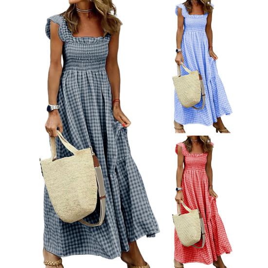 Square Collar Sleeveless Ruffle Trim Summer Dress Plaid Print Stitching Large Hem