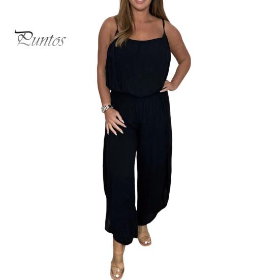 

Женский комбинезон-комбинезон с широкими штанинами, без спинки, без рукавов, без воротника, с эластичной талией, повседневный свободный наряд для весны и лета M чёрный