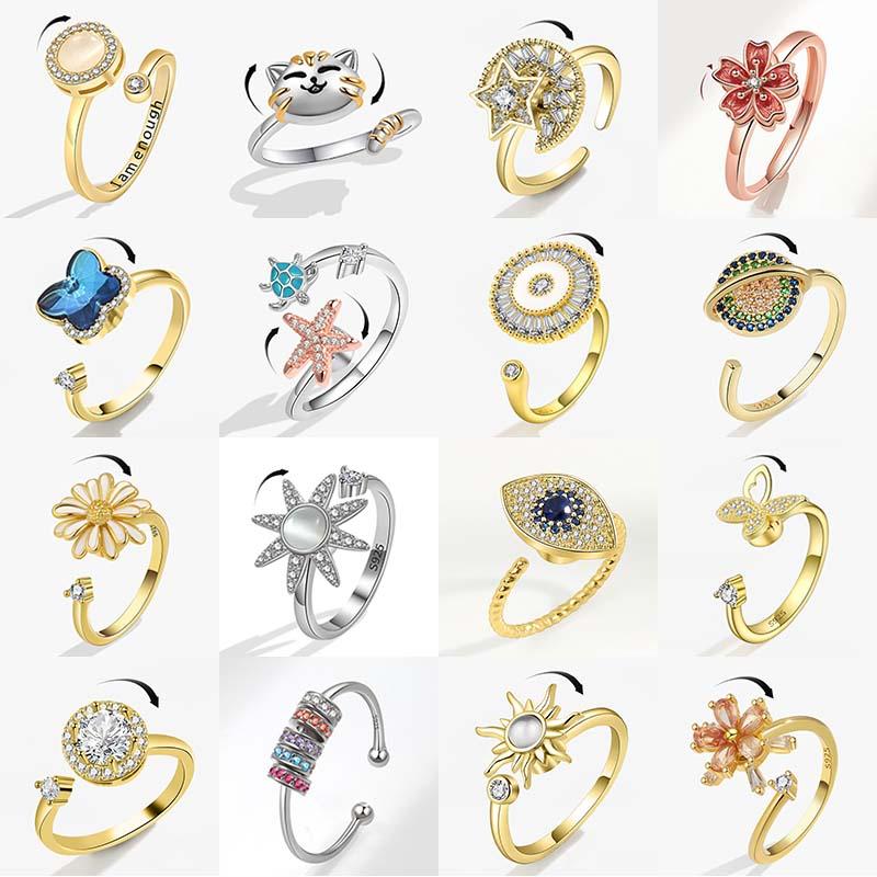 SMJEL Fidget Spinner Ring Anxiety for Women Crystal Demon Eyes Anti Stress Rings Flower Planet Sun Rotating Jewelry Wedding Gift