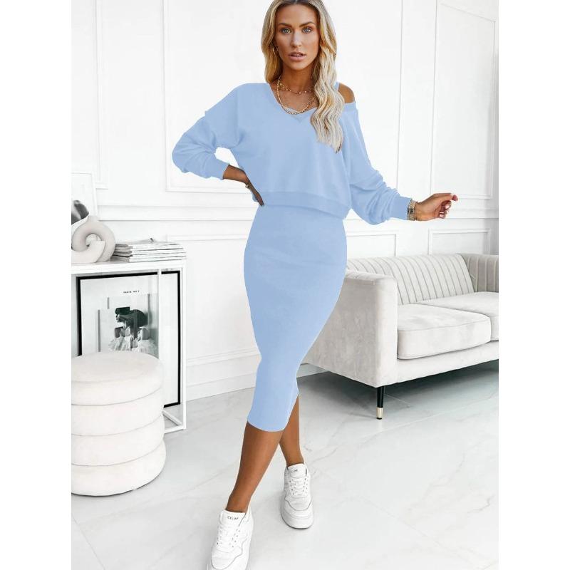 Spring and Autumn Women's Vest Dress V-Neck Long Sleeve Sweatshirt Knitwear Skirt Suit