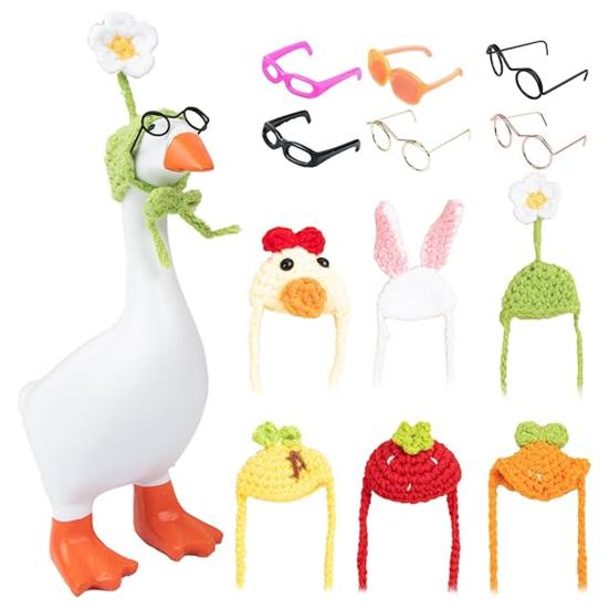 Mini Knitting Hats with Sunglasses Cute Mini Goose Outfits Soft Knit Hat Sunglasses Decorations for Magnetic Goose Statue Small Pets