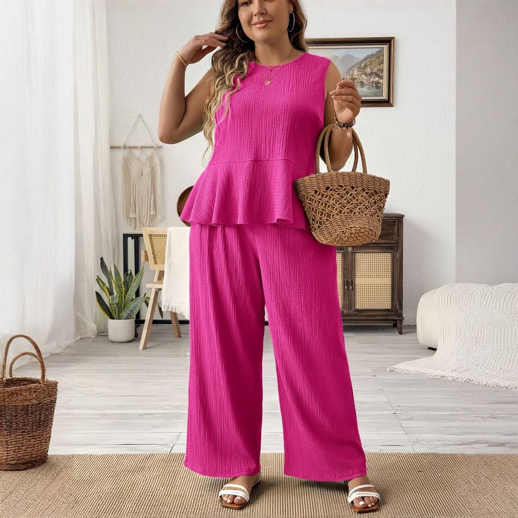 Damski letni casualowy modny top bez rękawów w dużym rozmiarze, luźny i wygodny, spodnie z szerokimi nogawkami, zestaw dwuczęściowy