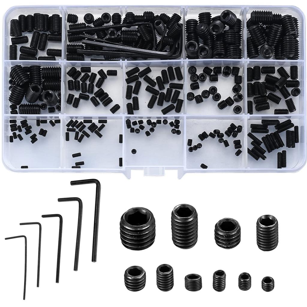 Hex Socket Set Screw Headless Carbon Steel Threaded Internal Hex Grub Screws M4 M5 M6 300 Hex Key Wrench Included Set, Screws, Screws, Hollow, (M3