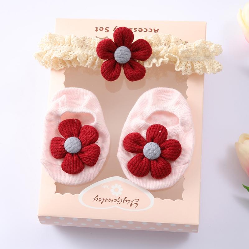 Baby Girl Knitting Flower Cotton Socks Anti-slip Floor Ankle Socks Lace Headband Set Newborn Gift Outfits