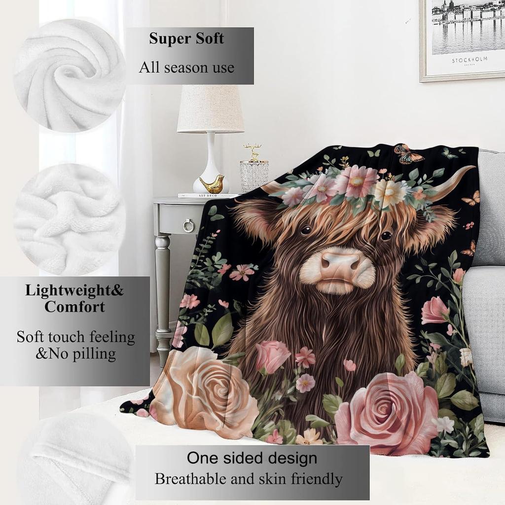 1PC Lovely Highland Cow Throw Thin Blanket Gifts for Friend Couch Bed Car Home Camping For Flowers Animals Lovers All Season Use