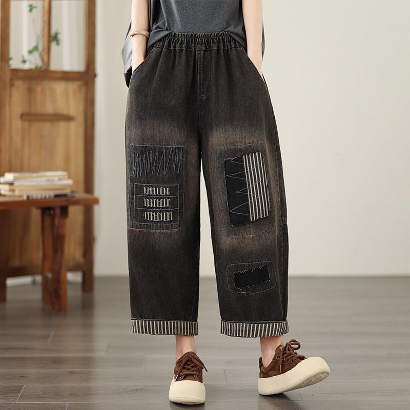 Plus size Vintage broderi hög midja vardaglig lös Dam vår sommar höst jeans denim vida ben Byxor