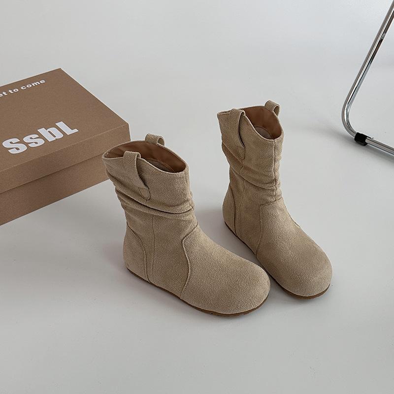 

2025 новые ретро круглый носок универсальные на плоской подошве короткие ботинки женские плиссированные ботинки с голенью под юбку повседневные ковбойские ботинки в западном стиле 40 бежевый