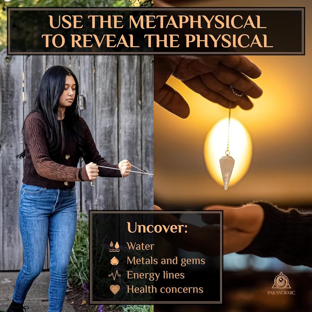 Dowsing Rods & Pendulum Divination Kit Set of 2 Real Copper L Rods, Quartz Pendulum, & Wooden Answer Board Spirit Rods To Find Water, Lost Objects