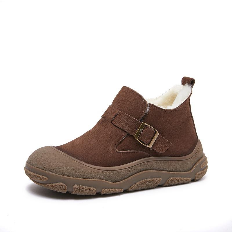 Zapatos de Invierno Mujer Botas de Nieve Suela Gruesa Cálido Felpa de Lana Cuero Genuino Exterior Vintage Botines Cortos Botines al Tobillo para Señora