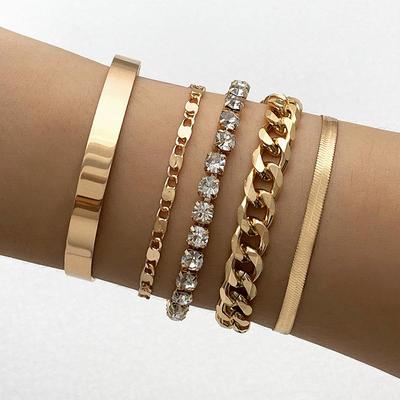 Fashionable Punk Landscape Surface Simple and Versatile Stacked Bracelet Set Geometric Inlaid Diamond Trendy Cool Multi Layer Bracelet Women's Jewelry
