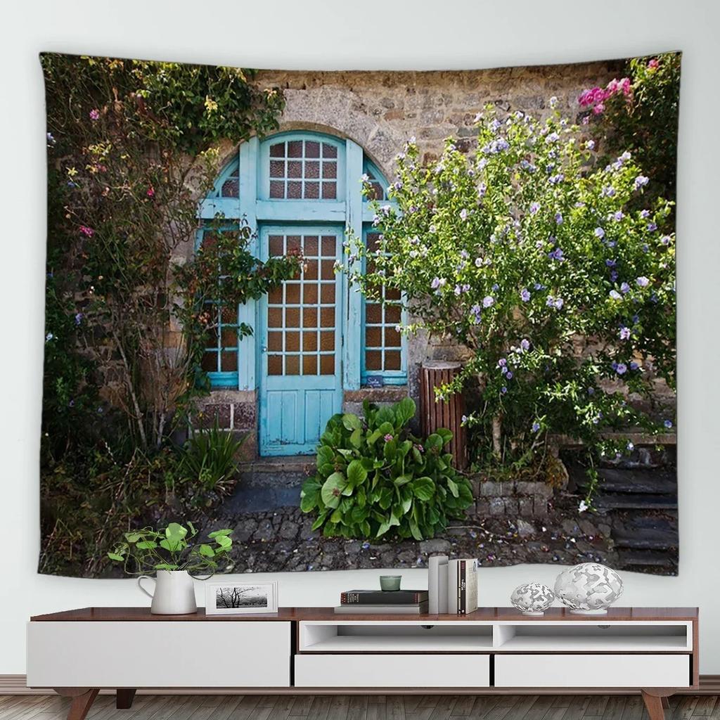 Home Decor Wall Hanging Tropical Garden Landscape Tapestry Waterfall Flower Tree Vintage Brick Vine Plant Park Natural Scenery