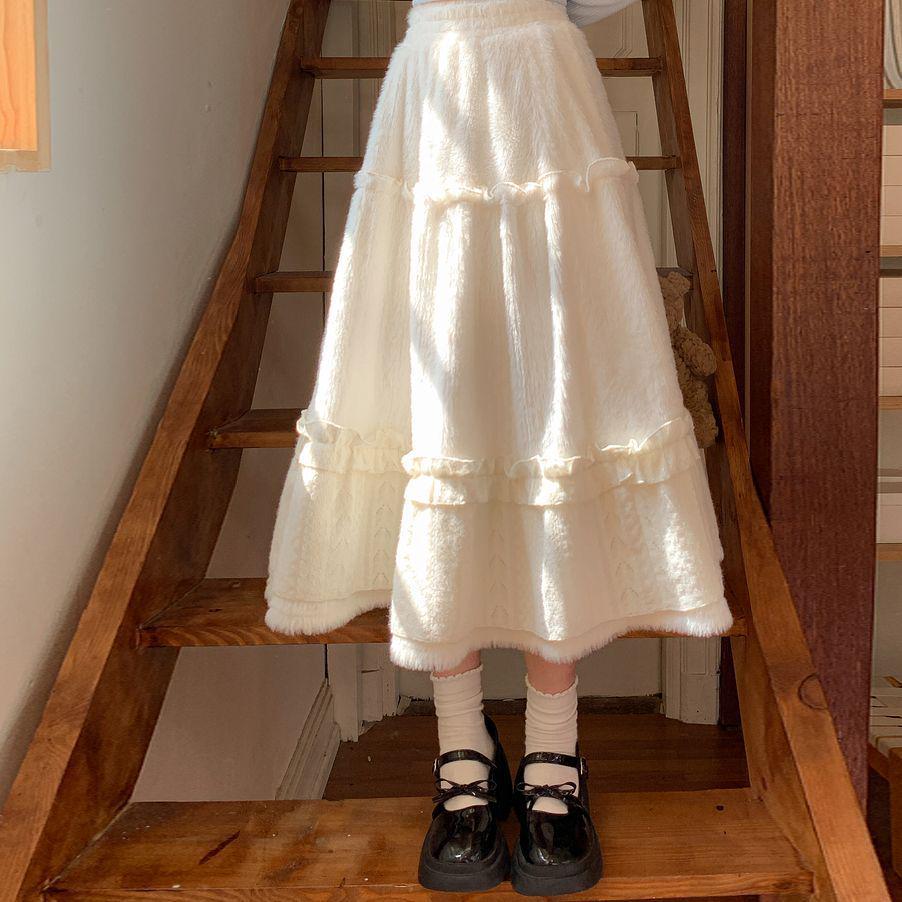 Sweet Girl Lace-Trim Plush Winter Midi Skirt Small