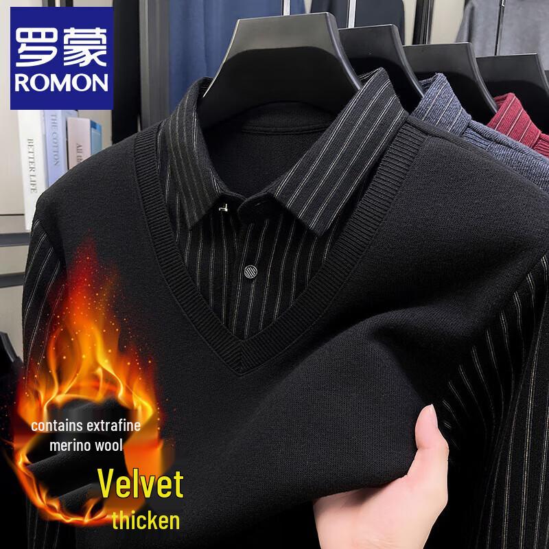 

Romon Men s Fleece-Lined Faux 2-Piece Shirt Collar Sweater 2XL
