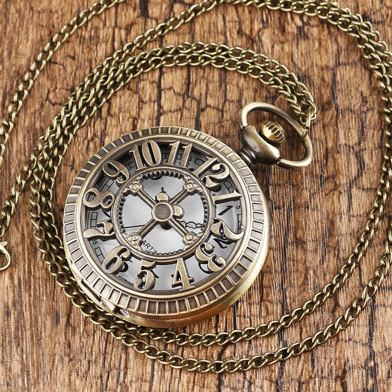Exquisite Vintage Bronze Steampunk Pocket Watch Carved Hollow Arabic Numerals Flip Quartz Clock Retro Necklace Hanging Watch