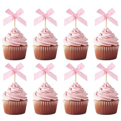 Pink Bow Cupcake Toppers Kids Girls Birthday Party Cake Topper Decoration Baby Shower Wedding Bachelorette Party Suppliesa