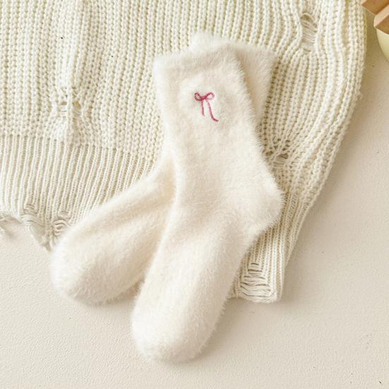 Women Fuzzy Socks Cute Embroidered Bow Knot Thick Socks Fluffy Warm Cozy Socks for Girls Winter Home Indoor Lounging Sleeping