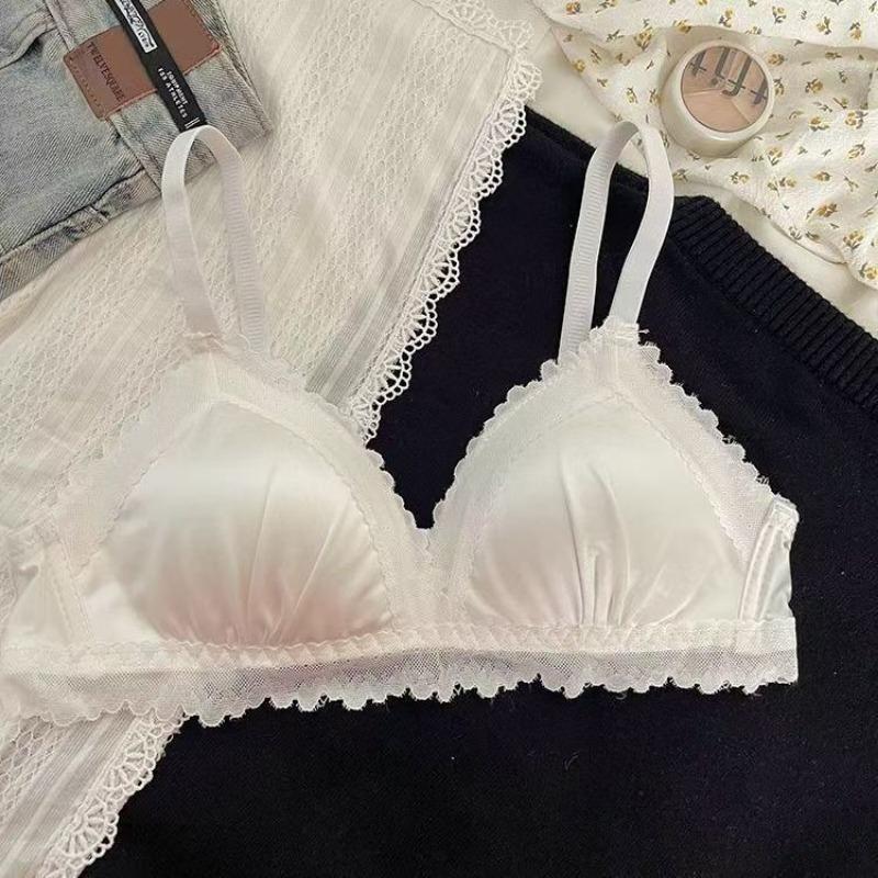 Womens Lace Trim Satin Wireless Triangle Bralette 32 белый