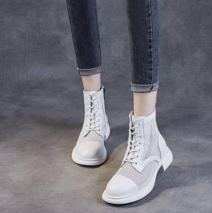 4CM Spring New Breathable Mesh Shoes Top Layer Cow Leather Short Boots British Vintage Women's Boots Summer Fashionable Sandals