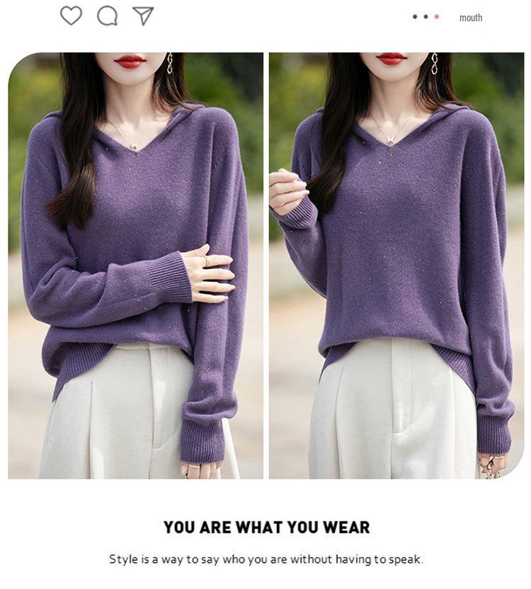 Sequined Wool Hooded Pullover: 100% Wool, Seamless Knitwear with Colorful Sequins for Women - Perfect for Autumn