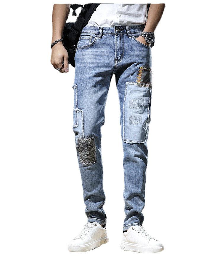 Jeans Patchwork de Estilo Coreano para Hombre, Pantalones Casuales Skinny de Nueve Puntos a la Moda para Primavera y Otoño.