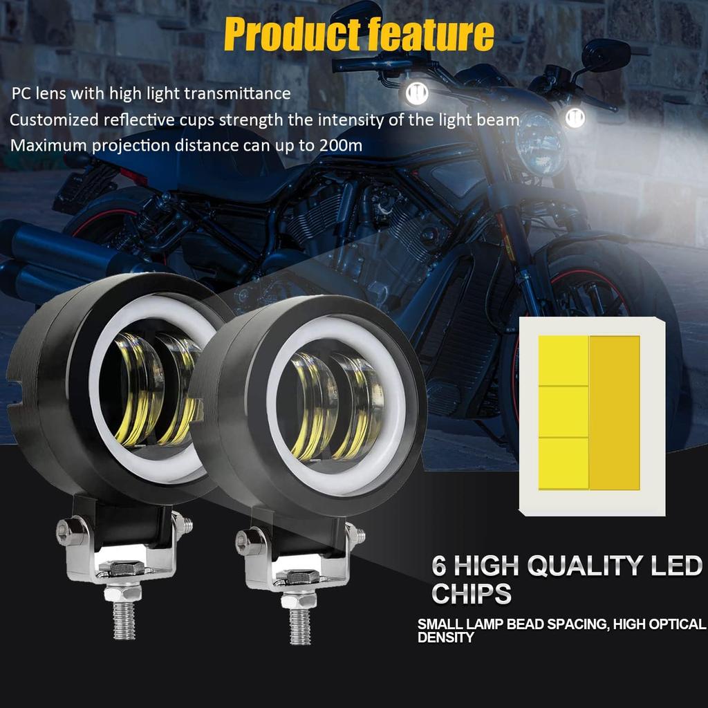 Kairiyard 3Inch LED Motorcycle Driving Lights 60W 6000K Auxiliary Spotlights With DRL/Angel Eye Off Road Light Pod 6000Lm LED Fog Work Light For