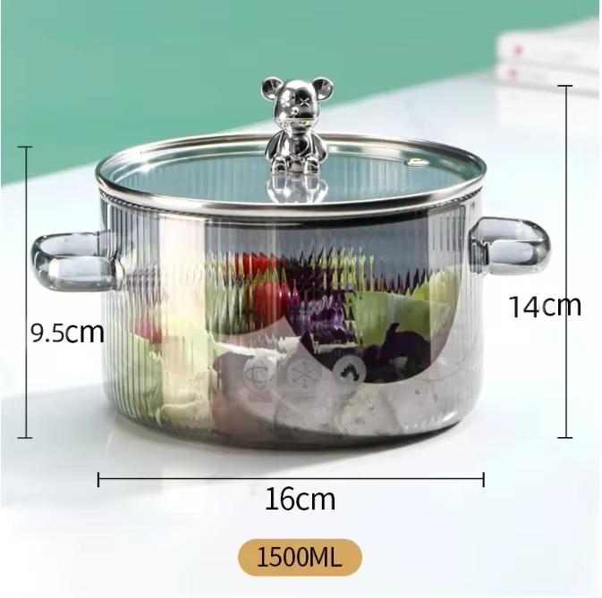 1500ML Klare Glas-Stielkasserolle mit Doppelgriffen Suppenkochtopf mit Deckel Hitzebeständige Küchenkochwerkzeuge