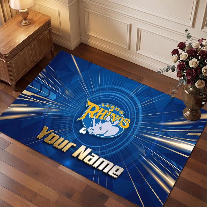 Leeds Rhinos Personalized Crystal Velvet Carpet, Customized Name Text Soft Anti‑Slip Rug for Living Room Bedroom
